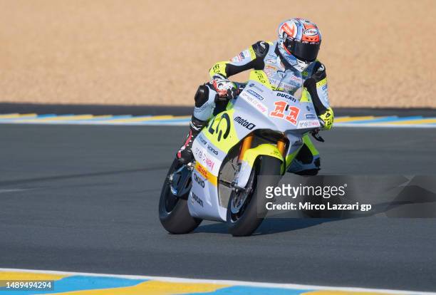 Matteo Ferrari of Italy and Felo Gresini MotoE heads down a straight during the MotoGP of France - Free Practice on May 12, 2023 in Le Mans, France.