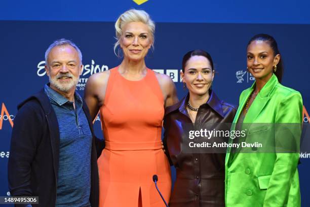Presenters Graham Norton, Hannah Waddingham, Julia Sanina and Alesha Dixon during the Presenters Media Conference for the Eurovision Song Contest...