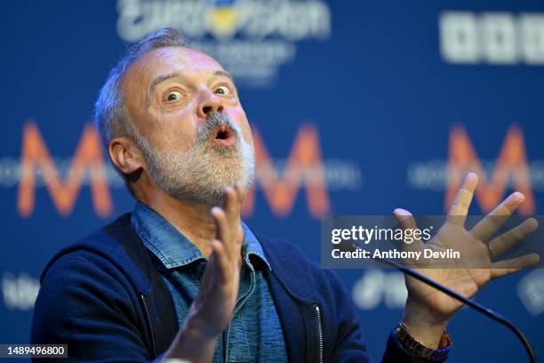 Graham Norton during the Presenters Media Conference for the Eurovision Song Contest 2023 at M&S Bank Arena on May 12, 2023 in Liverpool, England.