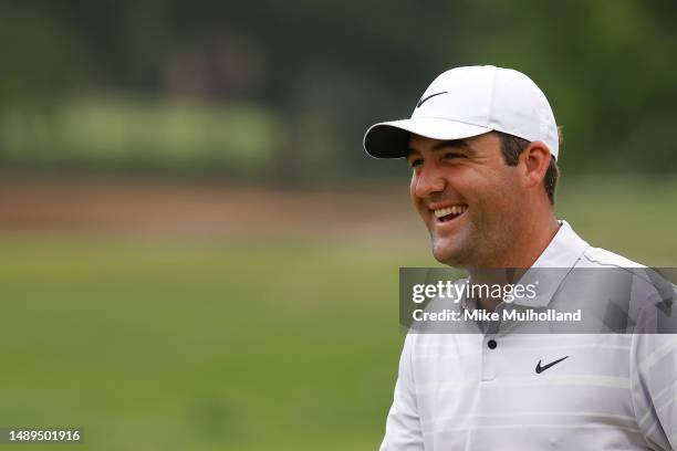 Scottie Scheffler of the United States smiles on the third hole during the second round of the AT&T Byron Nelson at TPC Craig Ranch on May 12, 2023...