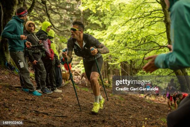 Mountain runner in action during the 9th edition of the Zegama Aizkorri vertical kilometer mountain race on May 12, 2023 in Zegama, Spain.