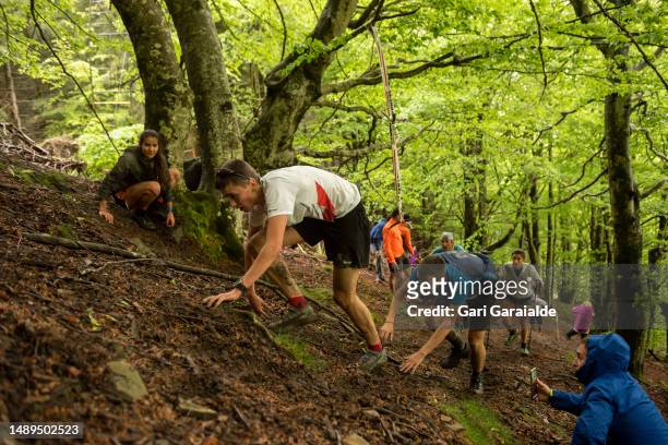 Mountain runners in action during the 9th edition of the Zegama Aizkorri vertical kilometer mountain race on May 12, 2023 in Zegama, Spain.