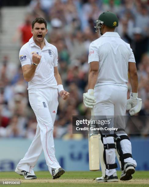 James Anderson of England celebrates dismissing Alviro Petersen of South Africa during day two of the 1st Investec Test match between England and...