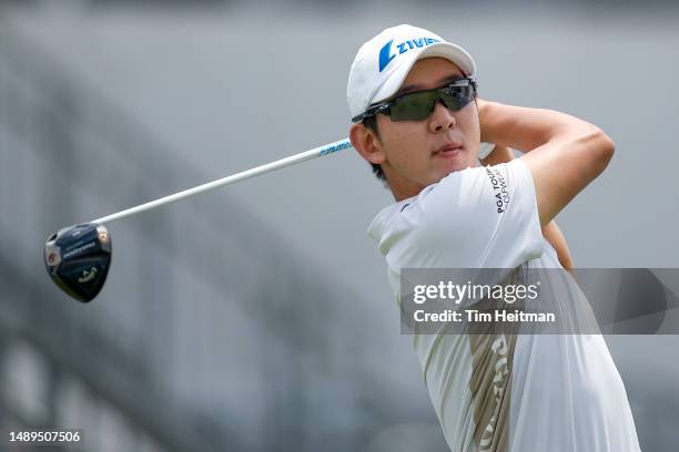 Seung-yul Noh of South Korea plays his shot from the 13th tee during the second round of the AT&T Byron Nelson at TPC Craig Ranch on May 12, 2023 in...