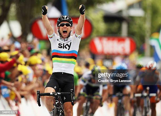 Mark Cavendish of Great Britain and SKY Procycling celebrates winning stage eighteen of the 2012 Tour de France from Blagnac to Brive-la-Gaillarde on...