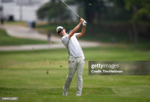 Seung-yul Noh of South Korea plays an approach shot on the 13th hole during the second round of the AT&T Byron Nelson at TPC Craig Ranch on May 12,...