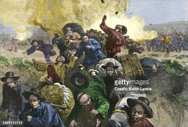 stockillustraties, clipart, cartoons en iconen met rock springs massacre, 1885 - mijnramp