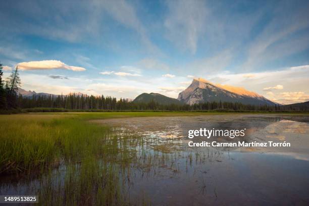 idyllic lake in banff national park at sunset, canada. - sports 2016 stock pictures, royalty-free photos & images