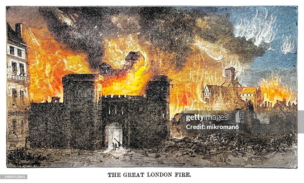 Old engraved illustration of the Great London Fire, England (the Great Fire of London - a major conflagration that swept through central London from Sunday 2 September to Thursday 6 September 1666, gutting the medieval City of London)