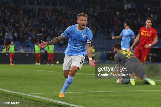 Ciro Immobile of Lazio celebrates scoring his teams first goal of the game during the Serie A match between SS Lazio and US Lecce at Stadio Olimpico...