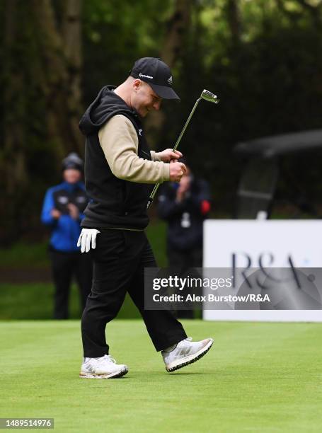 Brendan Lawlor of Ireland celebrates after putting in for par to win the G4D Open on the eighteenth green during Day Three of The G4D Open on the...