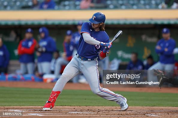 Texas Ranger Heim Jonah Heim of the Texas Rangers at bat against the Oakland Athletics ...