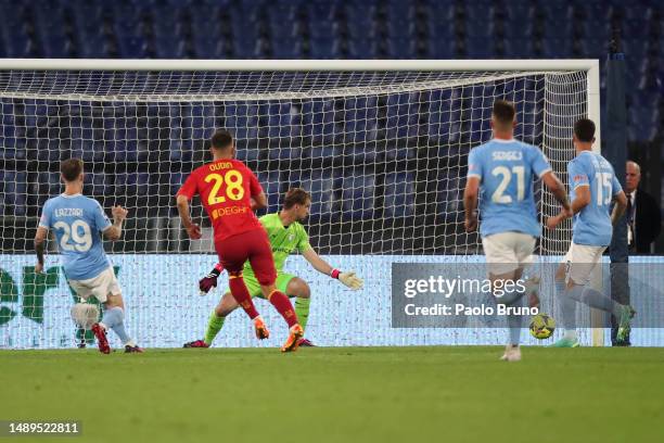 Remi Oudin of Lecce scores his teams second goal during the Serie A match between SS Lazio and US Lecce at Stadio Olimpico on May 12, 2023 in Rome,...