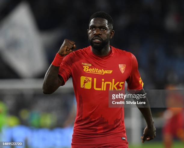 Samuel Umtiti of US Lecce celebrates goal 1-1 during the Serie A match between SS Lazio and US Lecce at Stadio Olimpico on May 12, 2023 in Rome,...