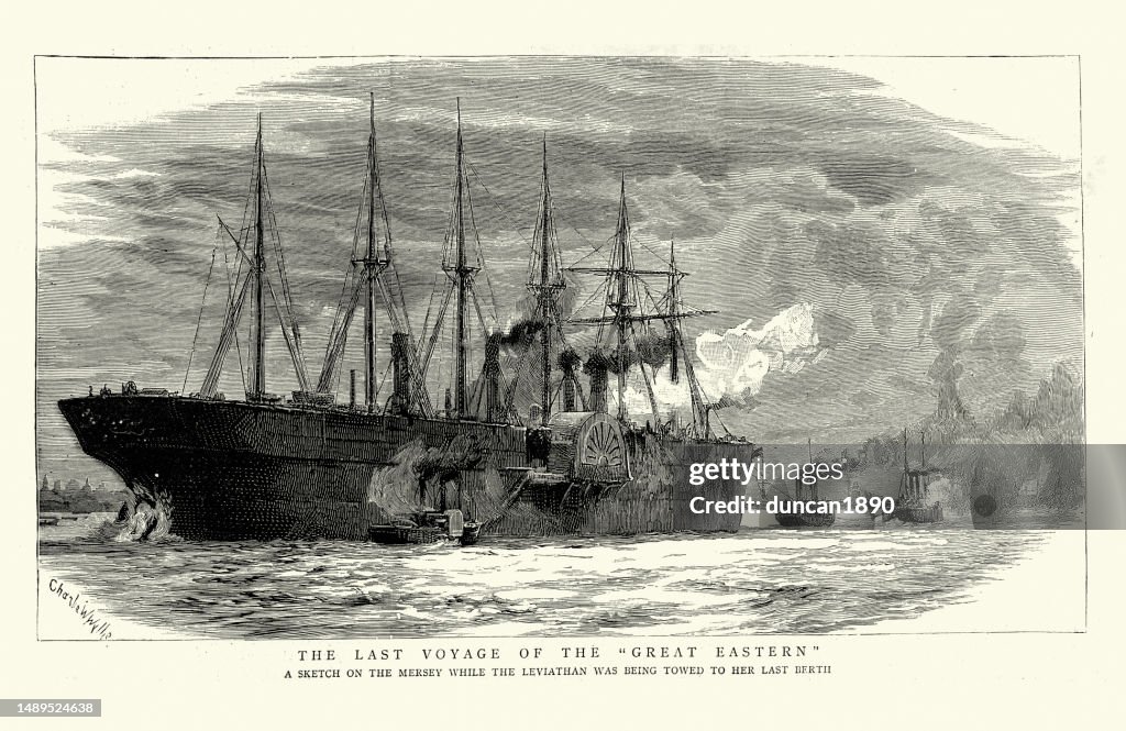 Último viaje del barco de vapor SS Great Eastern en el Mersey, década de 1880, historia marítima