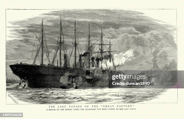 last voyage of the ss great eastern steamship on the mersey, 1880s, maritime history - kingdom of england stock illustrations