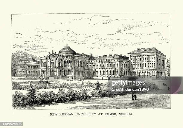 vintage illustration university at tomsk, siberia, russia, 19th century, 1880s - tomsk city stock illustrations