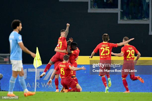 Remi Oudin of US Lecce celebrates a second goal with his team mates during the Serie A match between SS Lazio and US Lecce at Stadio Olimpico on May...