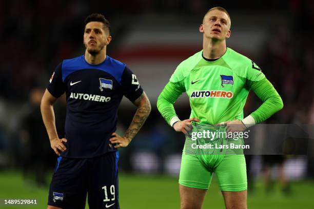 Oliver Christensen of Hertha BSC looks dejected after defeat in the Bundesliga match between 1. FC Köln and Hertha BSC at RheinEnergieStadion on May...