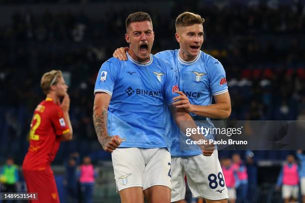 Sergej Milinkovic-Savic of Lazio celebrates scoring his teams second goal of the game during the Serie A match between SS Lazio and US Lecce at...