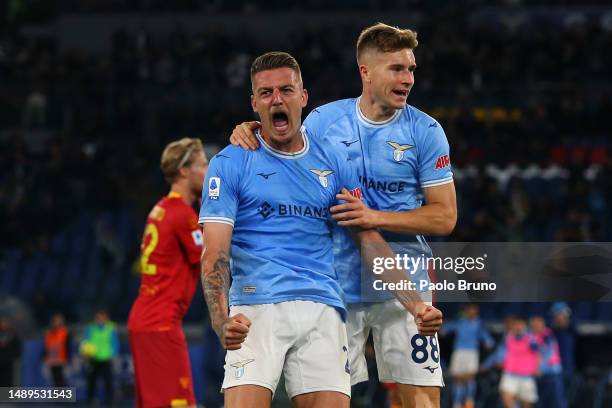 Sergej Milinkovic-Savic of Lazio celebrates scoring his teams second goal of the game during the Serie A match between SS Lazio and US Lecce at...