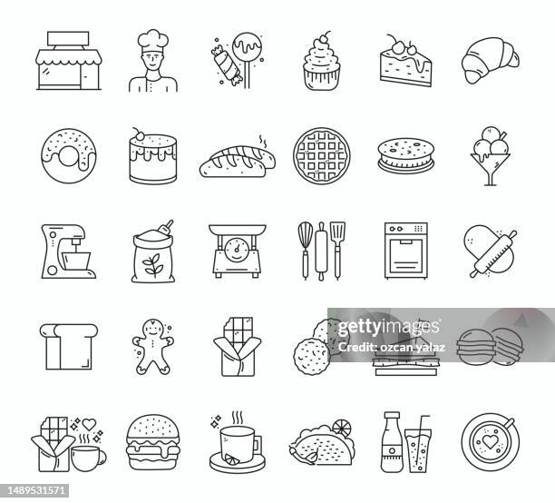 bakery line icons editable stroke. oven , flour , bead , chef , mixer , cake - artisanal food and drink stock illustrations