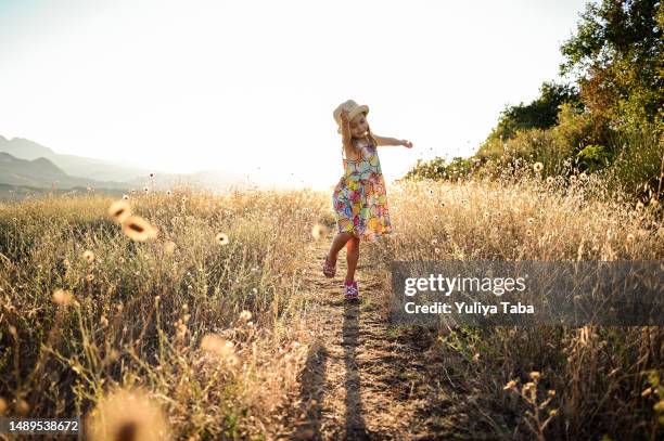 little girl feeling free in the field - flowers royalty free stock pictures, royalty-free photos & images