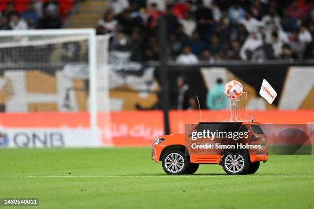 Toy car delivers the match ball to the centre circle before the 2023 Amir Cup final at Ahmad Bin Ali Stadium on May 12, 2023 in Doha, Qatar.