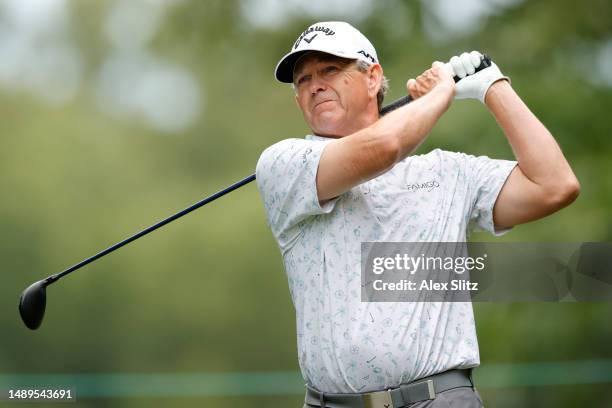 Lee Janzen watches his tee shot on the third hole during the second round of the Regions Tradition at Greystone Golf and Country Club on May 12, 2023...