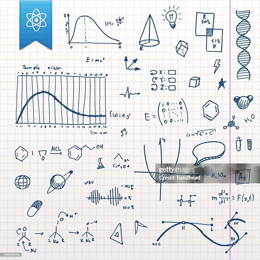 Graphing paper with several scientific doodles