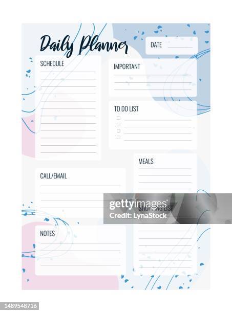daily planner printable vector template. blank organizer page a4, a5. business schedule page for a day for effective planning. personal notebook. paper sheet. white background. - school routine stock illustrations