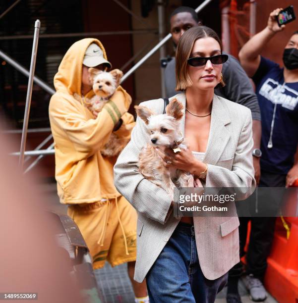 Justin Bieber and Hailey Bieber out and about with their dogs on May 12, 2023 in New York City.