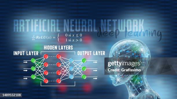 deep-learning-infografik eines künstlichen neuronalen netzes und eines roboters mit englischem text - neural network stock-grafiken, -clipart, -cartoons und -symbole