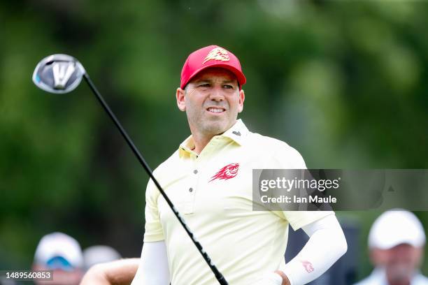 Sergio Garcia of Fireballs GC reacts to his tee shot on the 9th hole during Day One of the LIV Golf Invitational - Tulsa at Cedar Ridge Country Club...