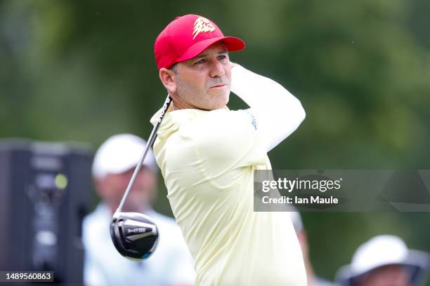 Sergio Garcia of Fireballs GC hits a tee shot on the 9th hole during Day One of the LIV Golf Invitational - Tulsa at Cedar Ridge Country Club on May...