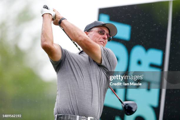 Phil Mickelson of HyFlyers GC hits a tee shot on the 7th hole during Day One of the LIV Golf Invitational - Tulsa at Cedar Ridge Country Club on May...