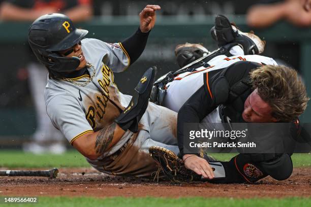 Ji Hwan Bae of the Pittsburgh Pirates slides safely into home plate for a run as catcher Adley Rutschman of the Baltimore Orioles attempts to make a...
