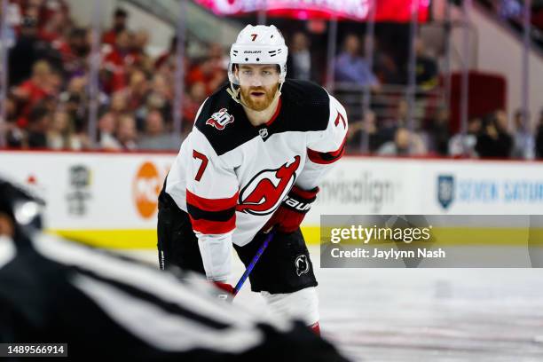 Dougie Hamilton of the New Jersey Devils looks on against Carolina Hurricanes during the third period of Eastern Conference Game Five of the Second...