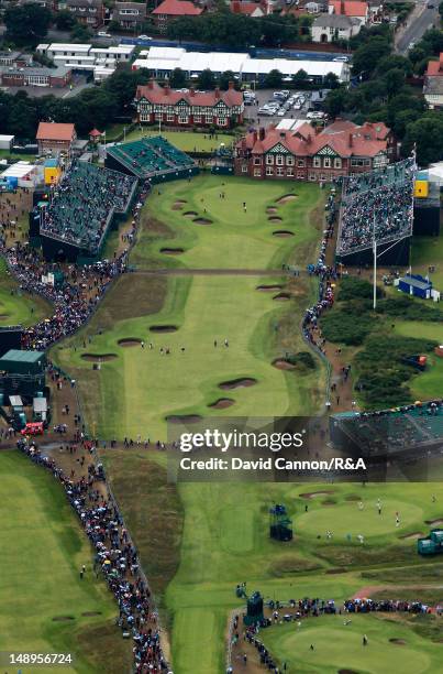 Aerial view of the 18th hole and clubhouse during the second round of the 141st Open Championship at Royal Lytham & St Annes Golf Club on July 20,...