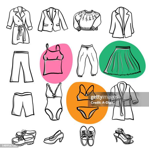 clothing collection sketch color bubble pop bright - orange coat stock illustrations