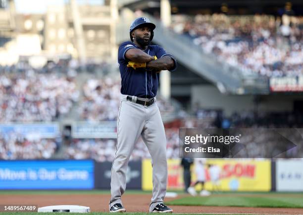 Randy Arozarena of the Tampa Bay Rays celebrates his solo home run in the first inning against the New York Yankees at Yankee Stadium on May 12, 2023...