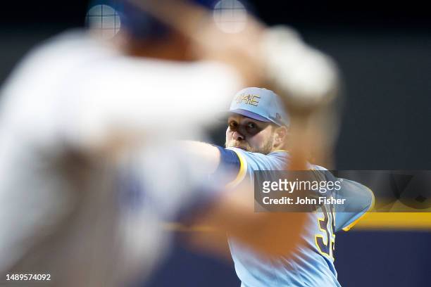 Corbin Burnes of the Milwaukee Brewers throws a pitch in the first inning against the Kansas City Royals at American Family Field on May 12, 2023 in...