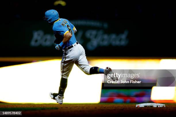 Owen Miller of the Milwaukee Brewers rounds second base after hitting a solo home run in the third inning against the Kansas City Royals at American...