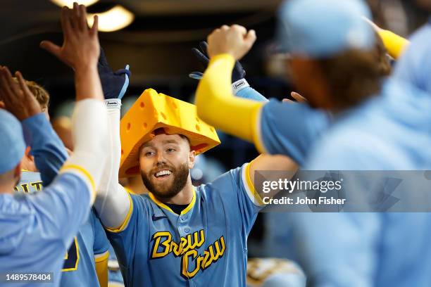 Owen Miller of the Milwaukee Brewers celebrates after hitting a solo home run in the third inning against the Kansas City Royals at American Family...