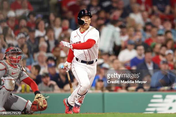 Masataka Yoshida of the Boston Red Sox at bat against the St. Louis Cardinals during the sixth inning at Fenway Park on May 12, 2023 in Boston,...