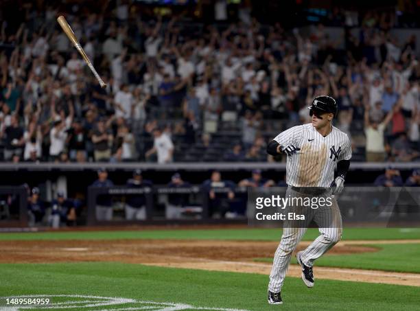 Anthony Rizzo of the New York Yankees celebrates his two run home run in the bottom of the eighth inning against the Tampa Bay Rays at Yankee Stadium...