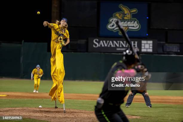 Dakota "Stilts" Albritton of the Savannah Bananas pitches against the Party Animals at Grayson Stadium on May 11, 2023 in Savannah, Georgia....
