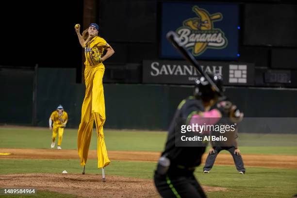 Dakota "Stilts" Albritton of the Savannah Bananas pitches against the Party Animals at Grayson Stadium on May 11, 2023 in Savannah, Georgia....