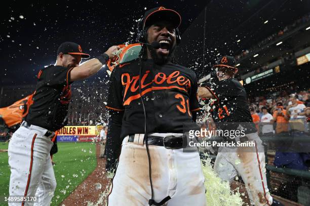 Cedric Mullins of the Baltimore Orioles is doused with Gatorade after hitting for the cycle and defeating the Pittsburgh Pirates at Oriole Park at...