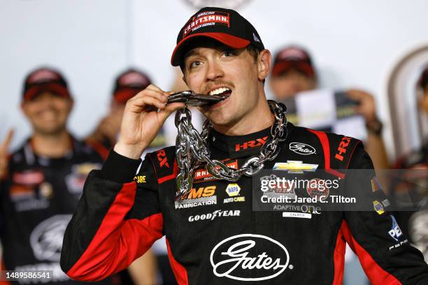 Christian Eckes, driver of the Gates Hydraulics Chevrolet, celebrates in victory lane after winning the NASCAR Craftsman Truck Series Buckle Up South...